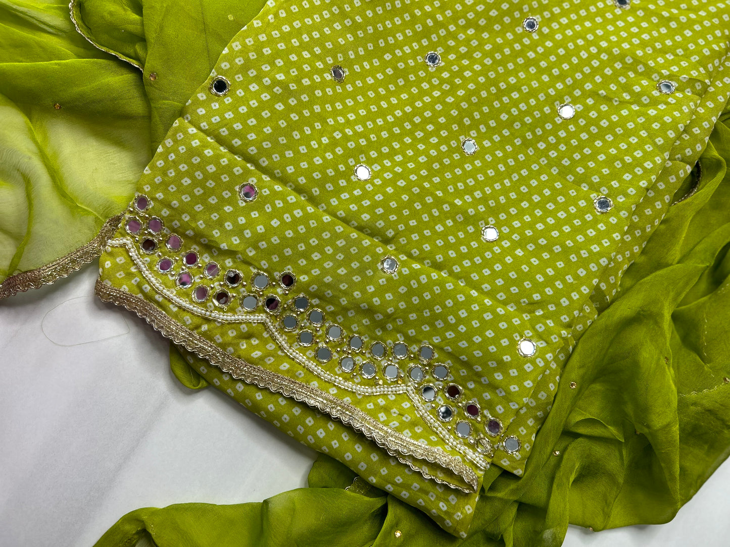 Gorgeous Unstitched Soft Organza Suit with Mirror Work, Santoon Bottom, and Swarovski Chiffon Dupatta