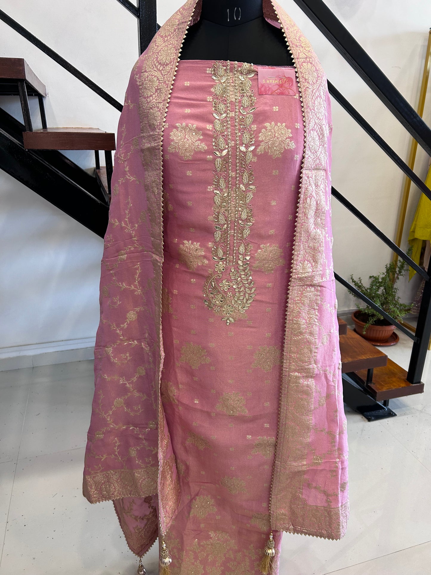 Elegant Chanderi Suit with Beautiful Neckline and Banarasi Dupatta