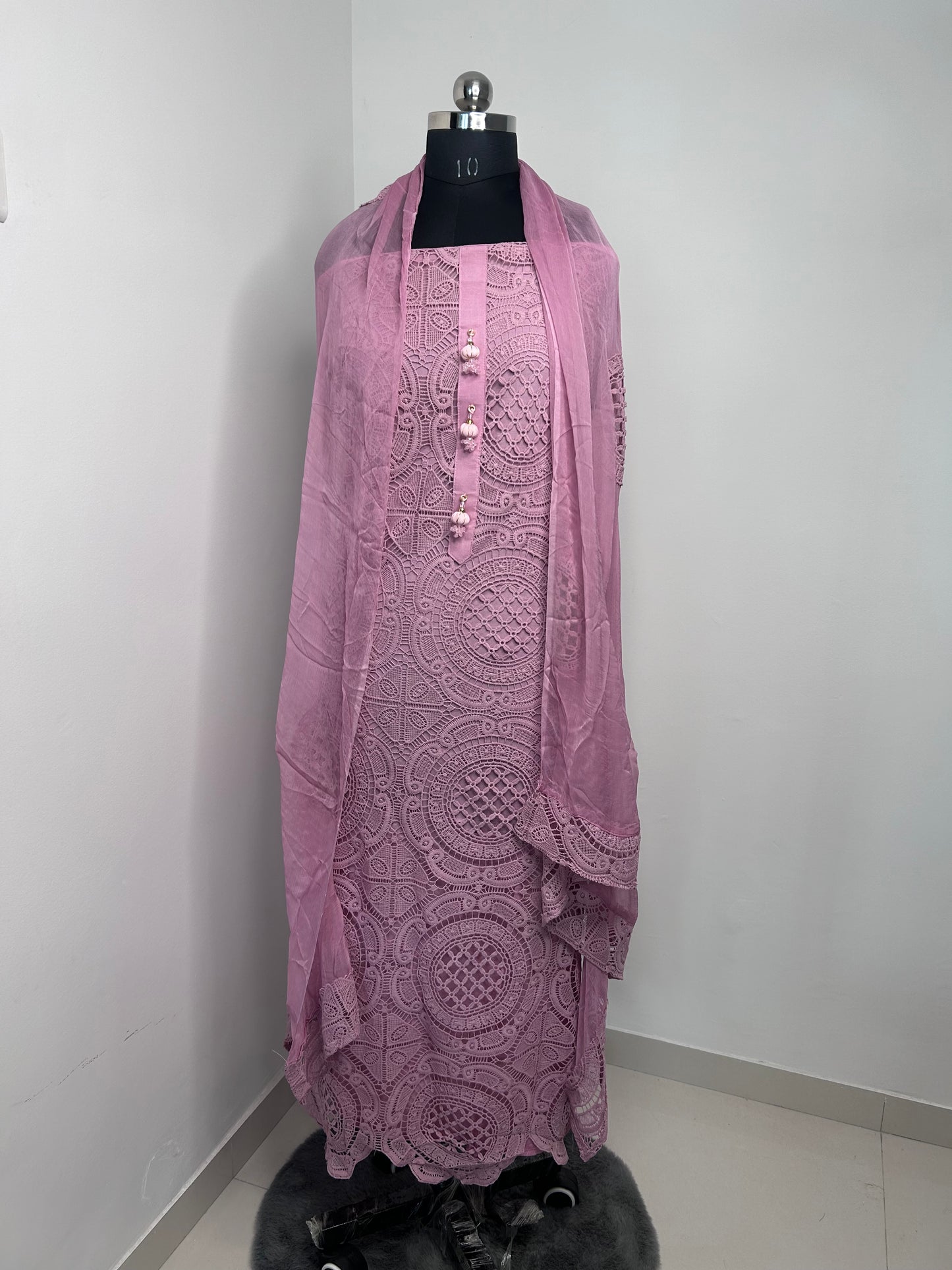 Elegant Onion Pink Crochet Unstitched Suit with Chiffon Dupatta and Santoon Bottom