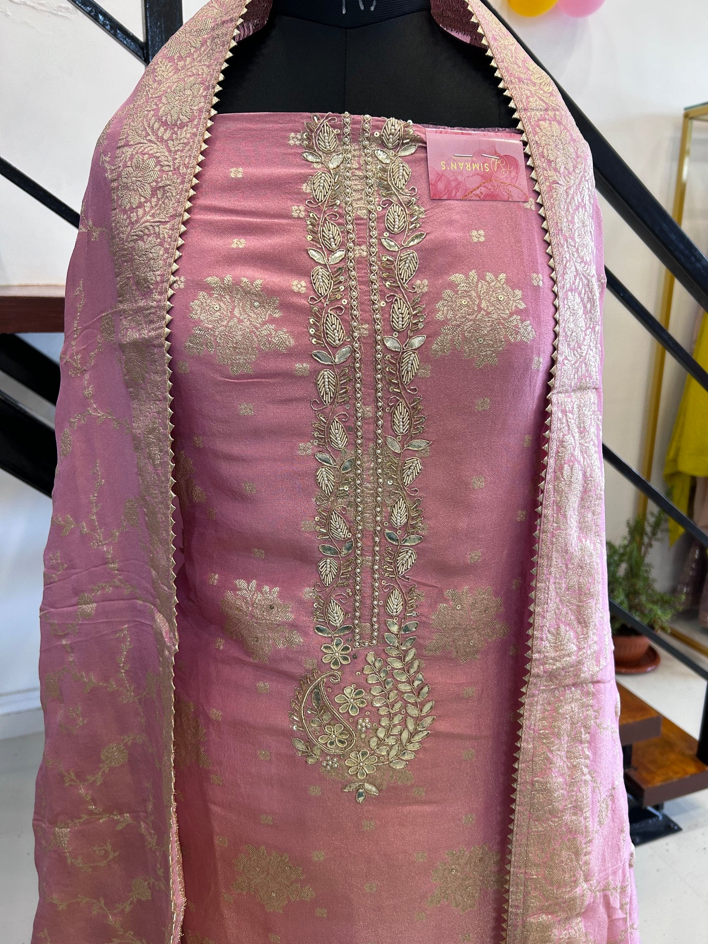 Elegant Chanderi Suit with Beautiful Neckline and Banarasi Dupatta