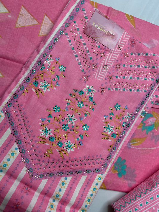 Unstitched Printed Cotton Kurta Set with - Pink