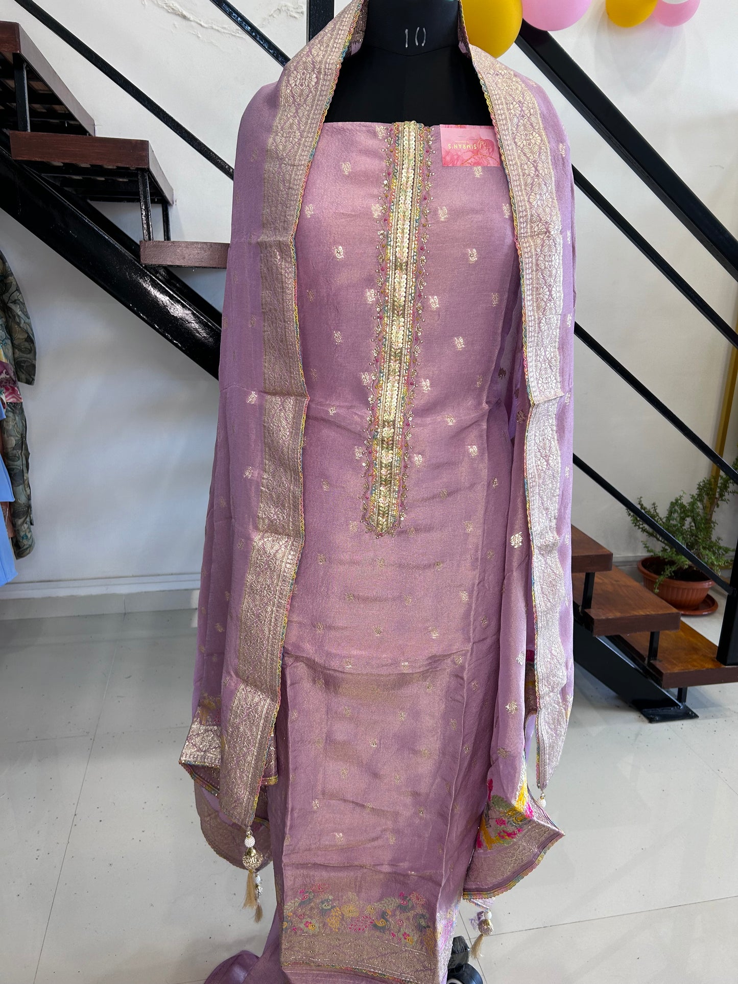 Graceful Chanderi Suit with Elegant Neckline and Matching Dupatta