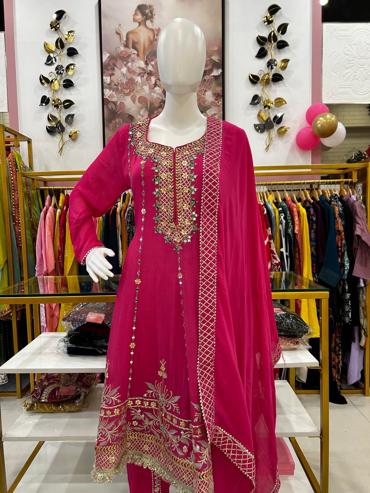 Pink short Anarkali with tulip pants and gota patti detailing