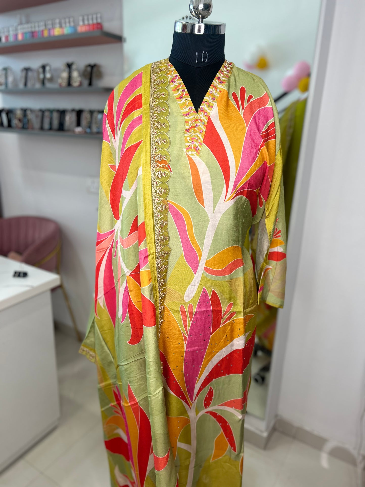 Vibrant Printed Muslin Suit - Muslin Kurta, Santoon Bottom, and Muslin Dupatta