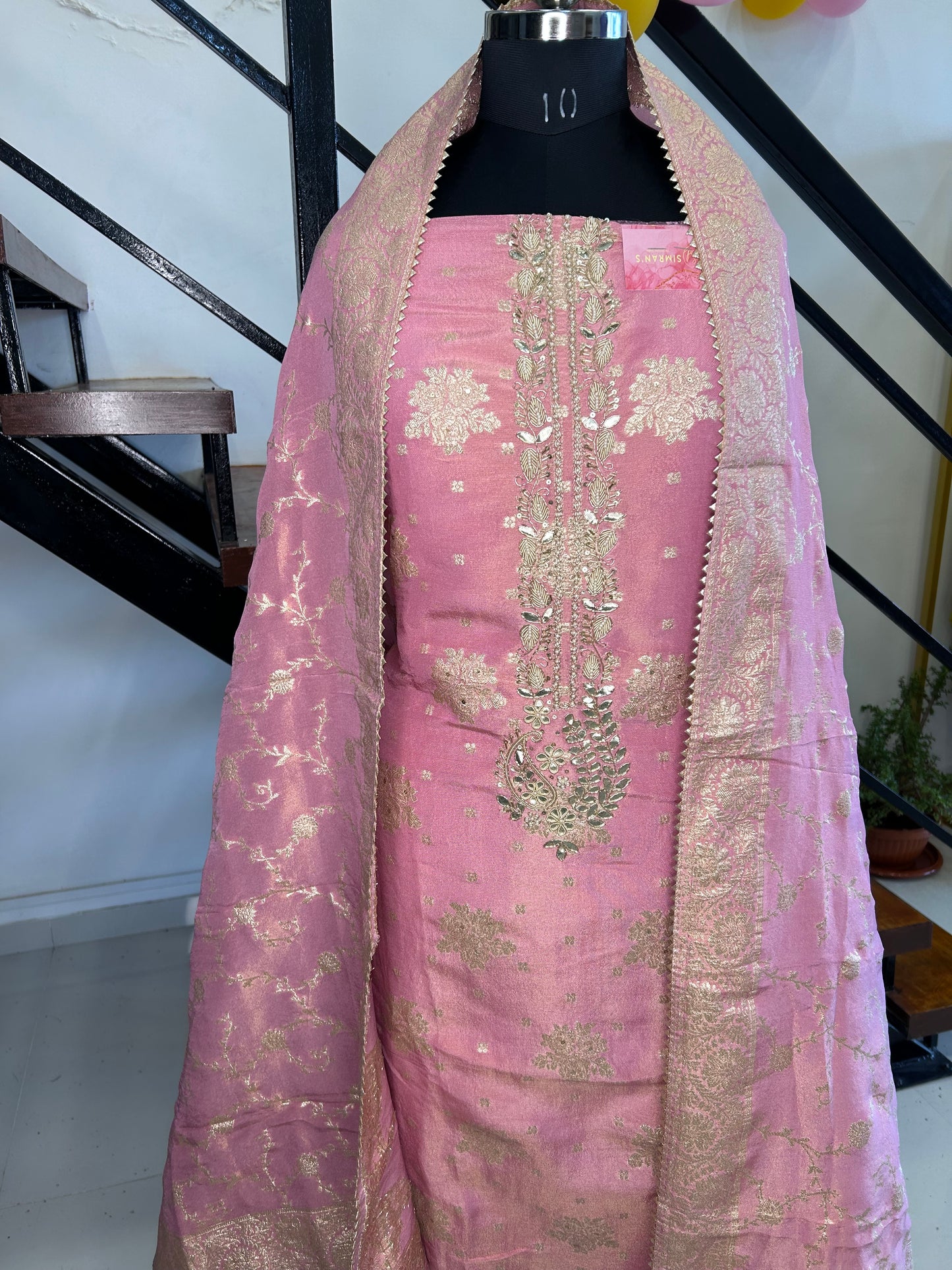 Elegant Chanderi Suit with Beautiful Neckline and Banarasi Dupatta