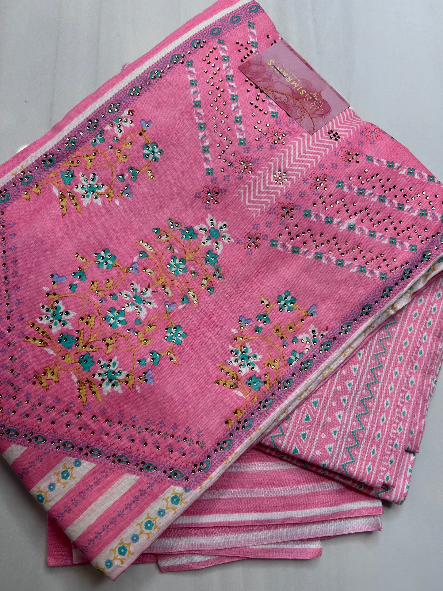 Unstitched Printed Cotton Kurta Set with - Pink