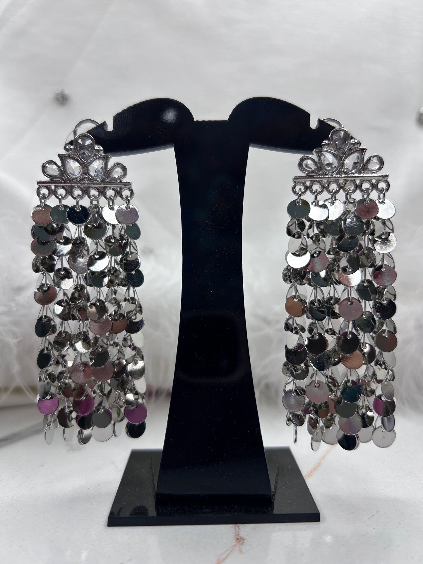 Glamorous Silver Sequin Chandelier Earrings