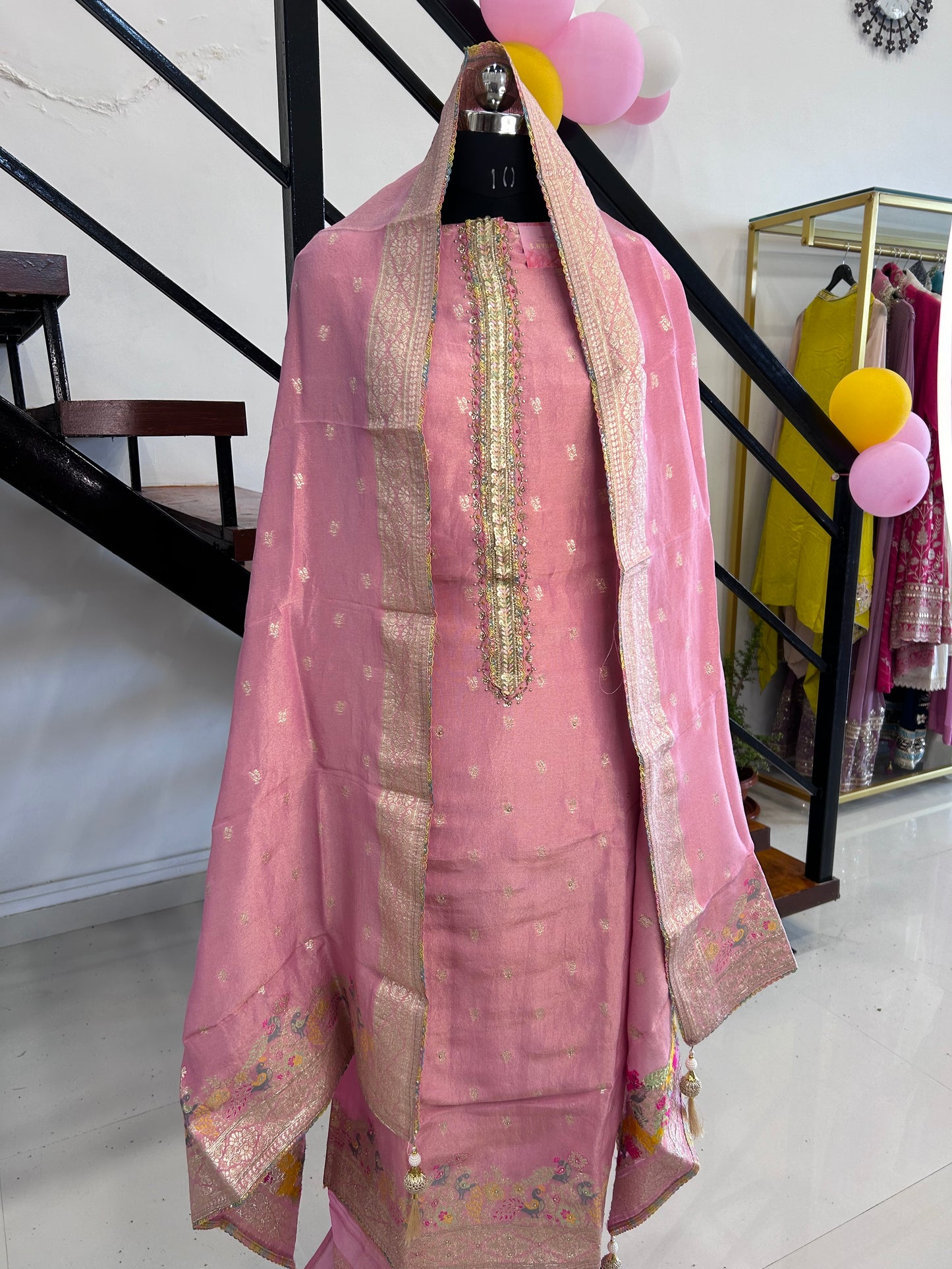 Graceful Chanderi Suit with Elegant Neckline and Matching Dupatta