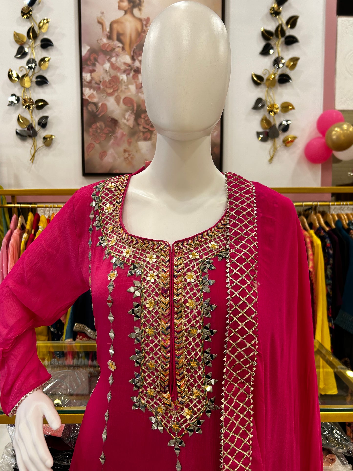 Pink short Anarkali with tulip pants and gota patti detailing