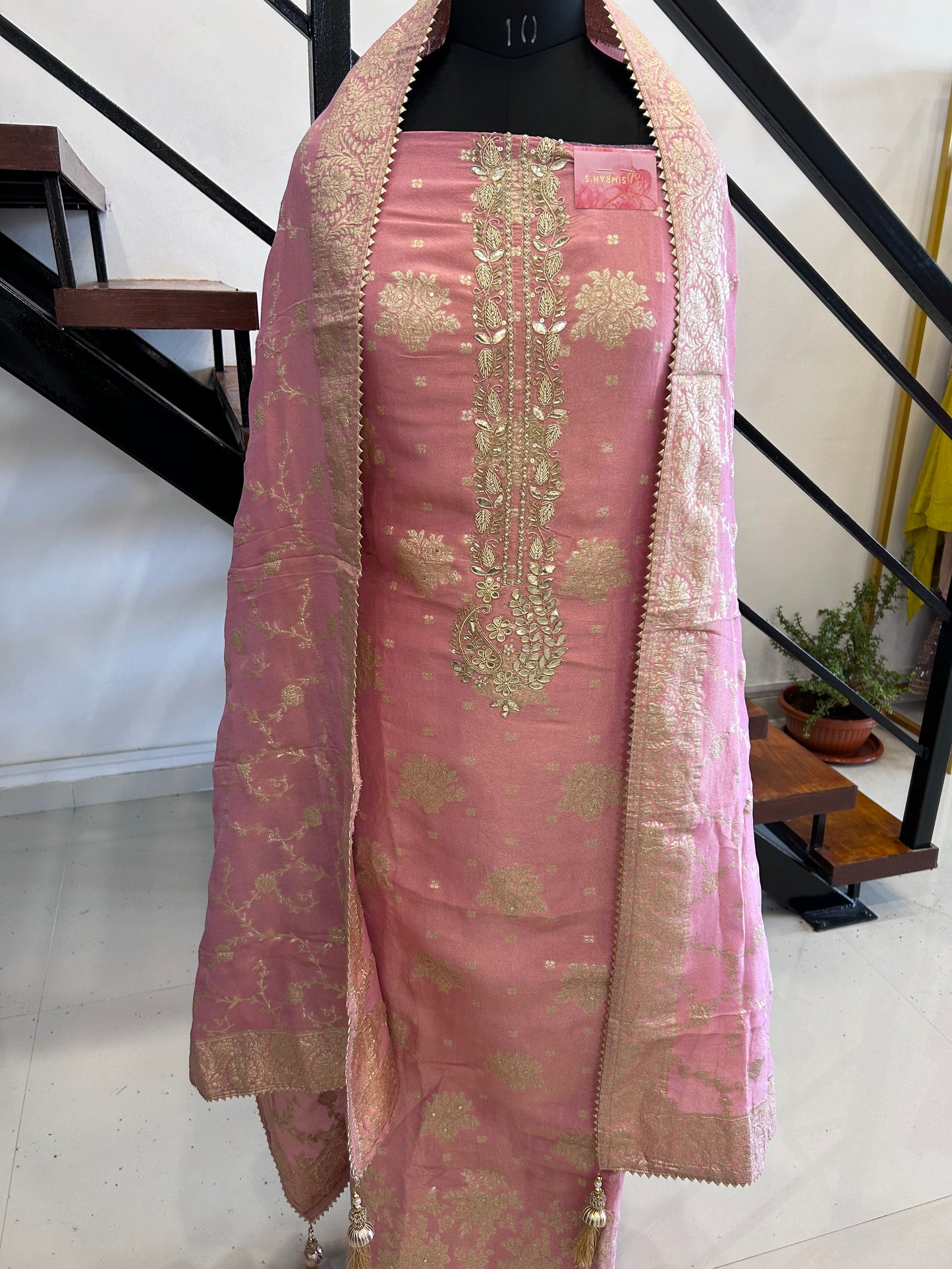 Elegant Chanderi Suit with Beautiful Neckline and Banarasi Dupatta