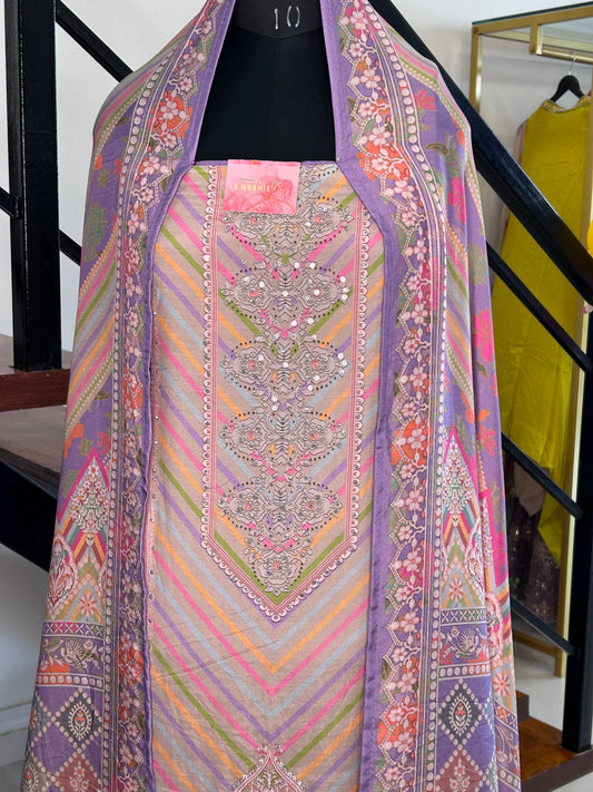 Stylish Printed Muslin Suit with Santoon Bottom and Muslin Dupatta