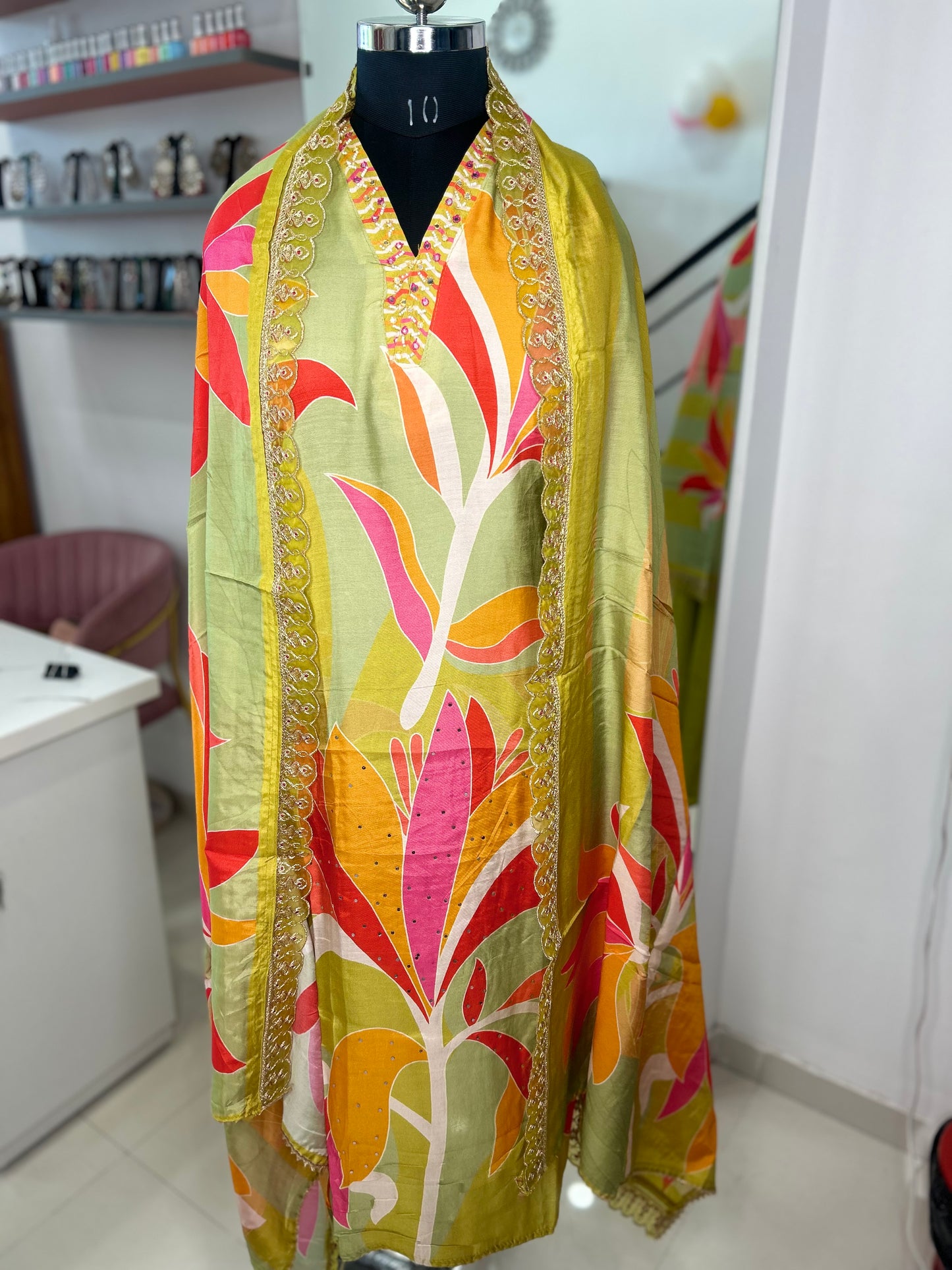 Vibrant Printed Muslin Suit - Muslin Kurta, Santoon Bottom, and Muslin Dupatta