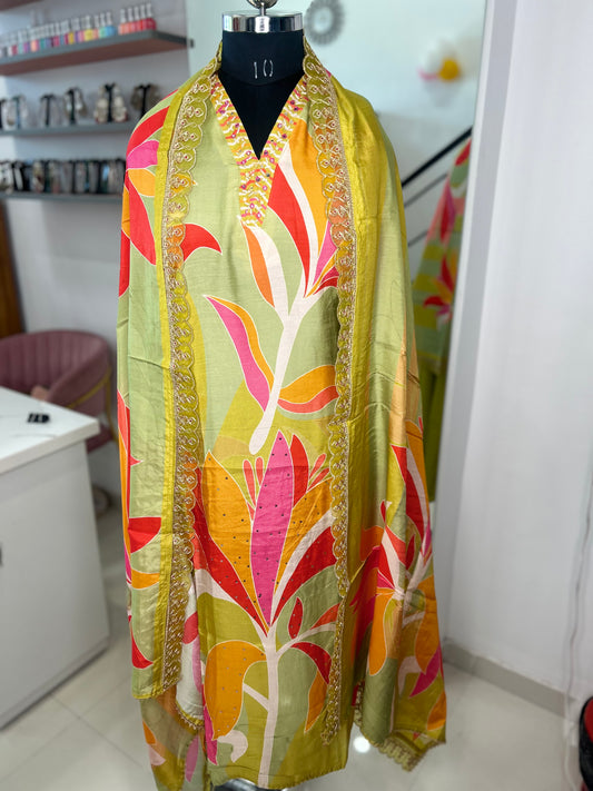 Vibrant Printed Muslin Suit - Muslin Kurta, Santoon Bottom, and Muslin Dupatta