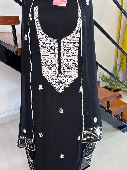 Elegant Black Chiffon Suit with Thread Work, Santoon Bottom, and Chiffon Dupatta