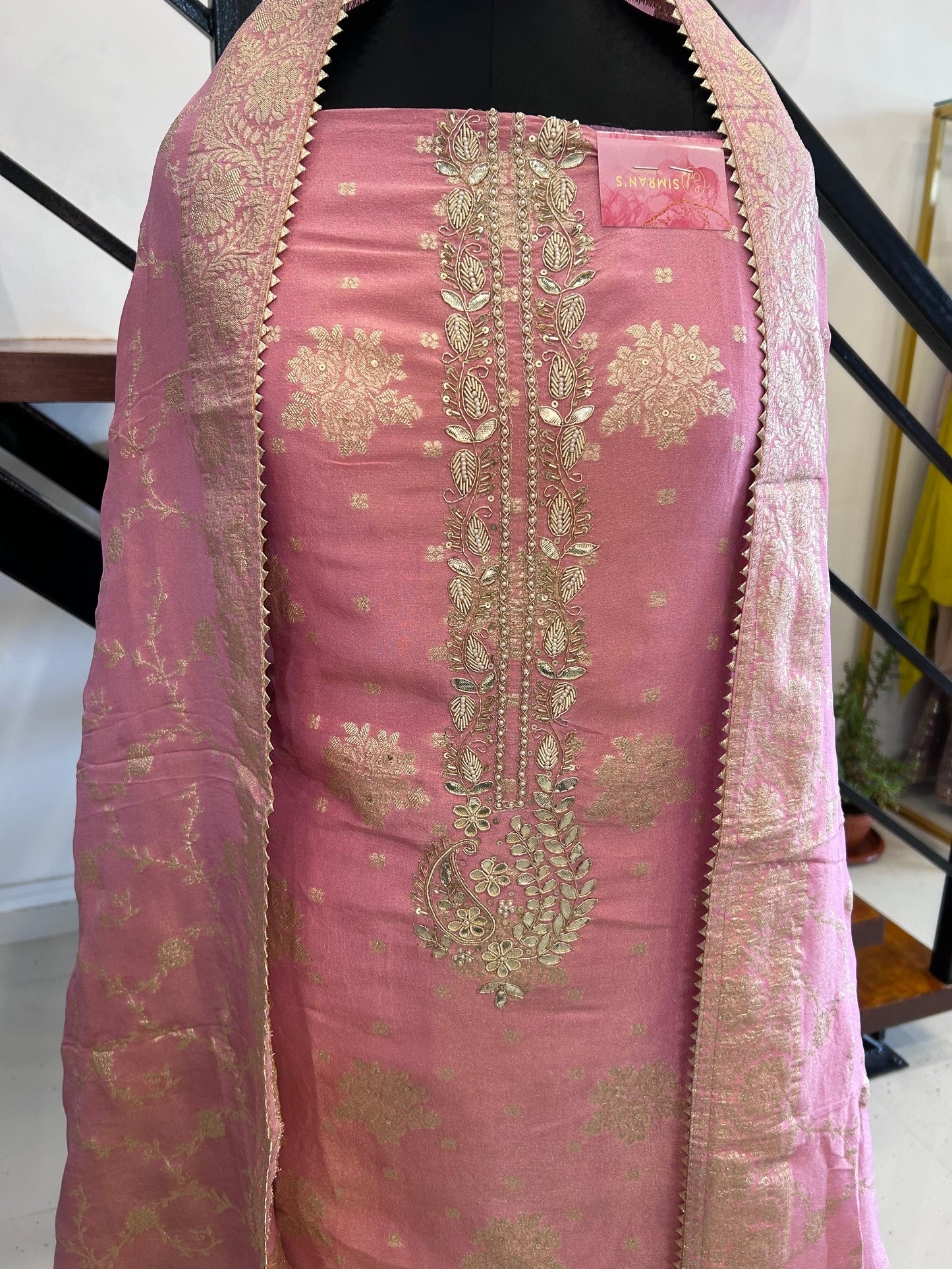 Elegant Chanderi Suit with Beautiful Neckline and Banarasi Dupatta