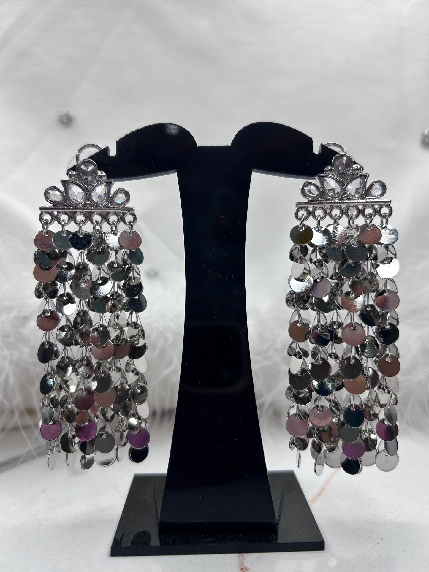 Glamorous Silver Sequin Chandelier Earrings