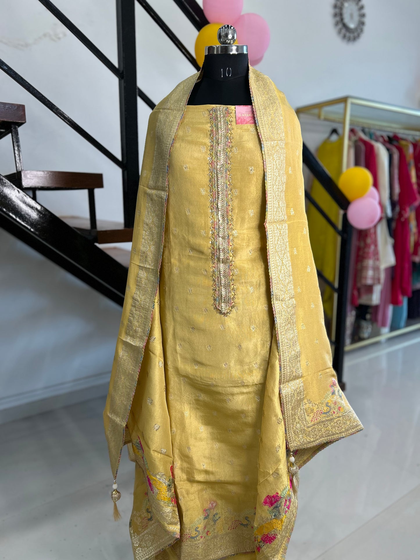 Graceful Chanderi Suit with Elegant Neckline and Matching Dupatta