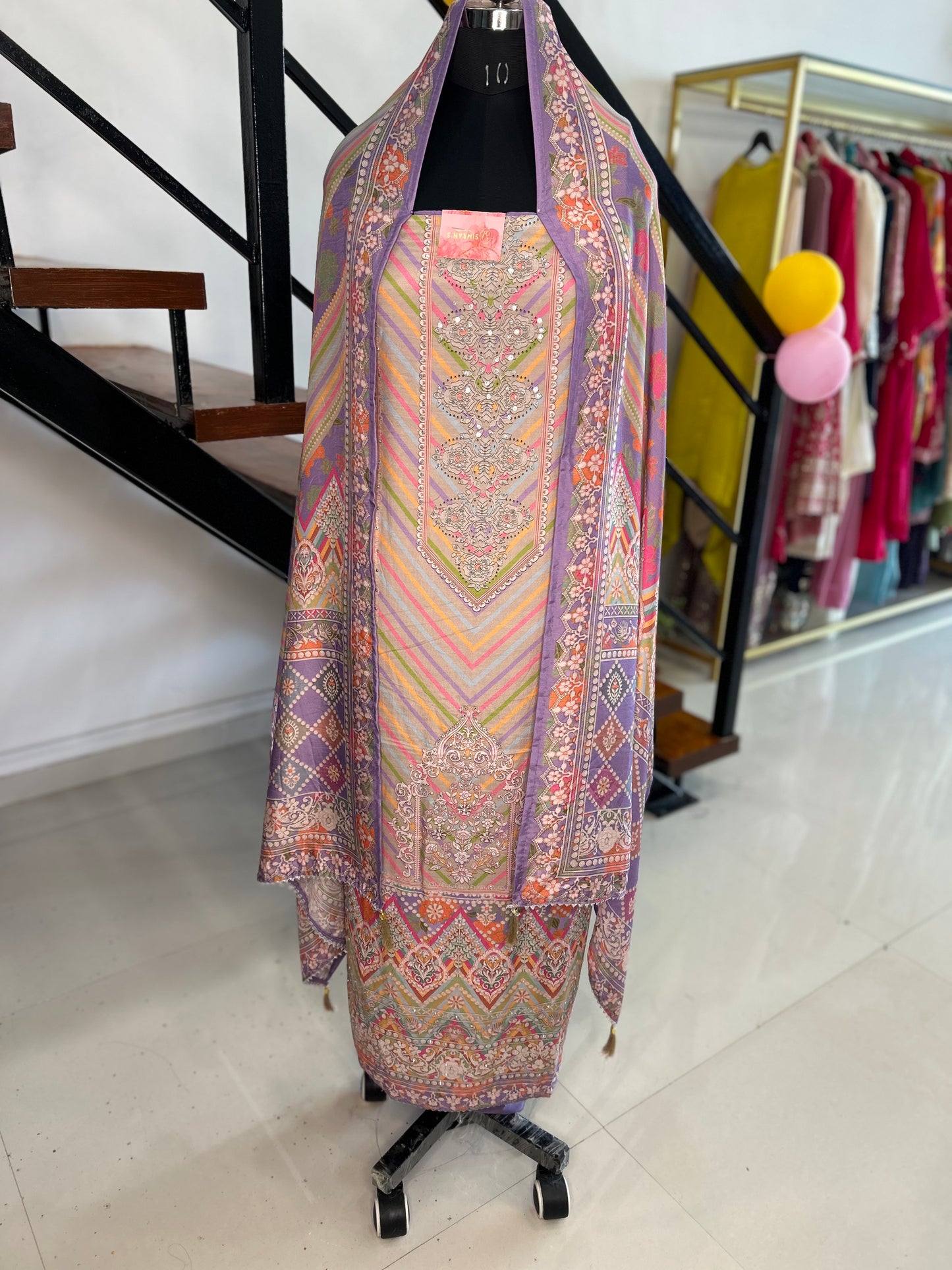 Stylish Printed Muslin Suit with Santoon Bottom and Muslin Dupatta