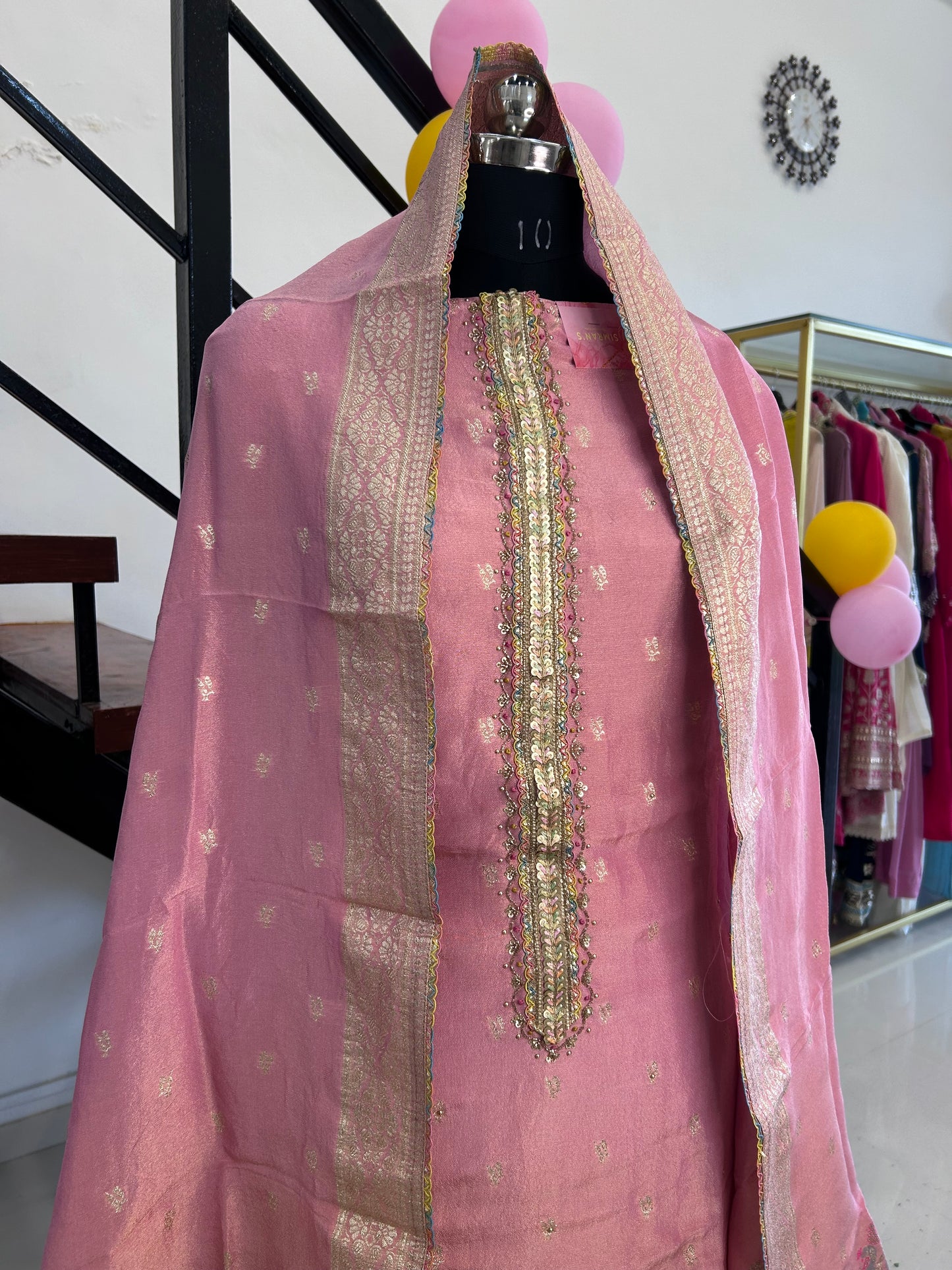 Graceful Chanderi Suit with Elegant Neckline and Matching Dupatta