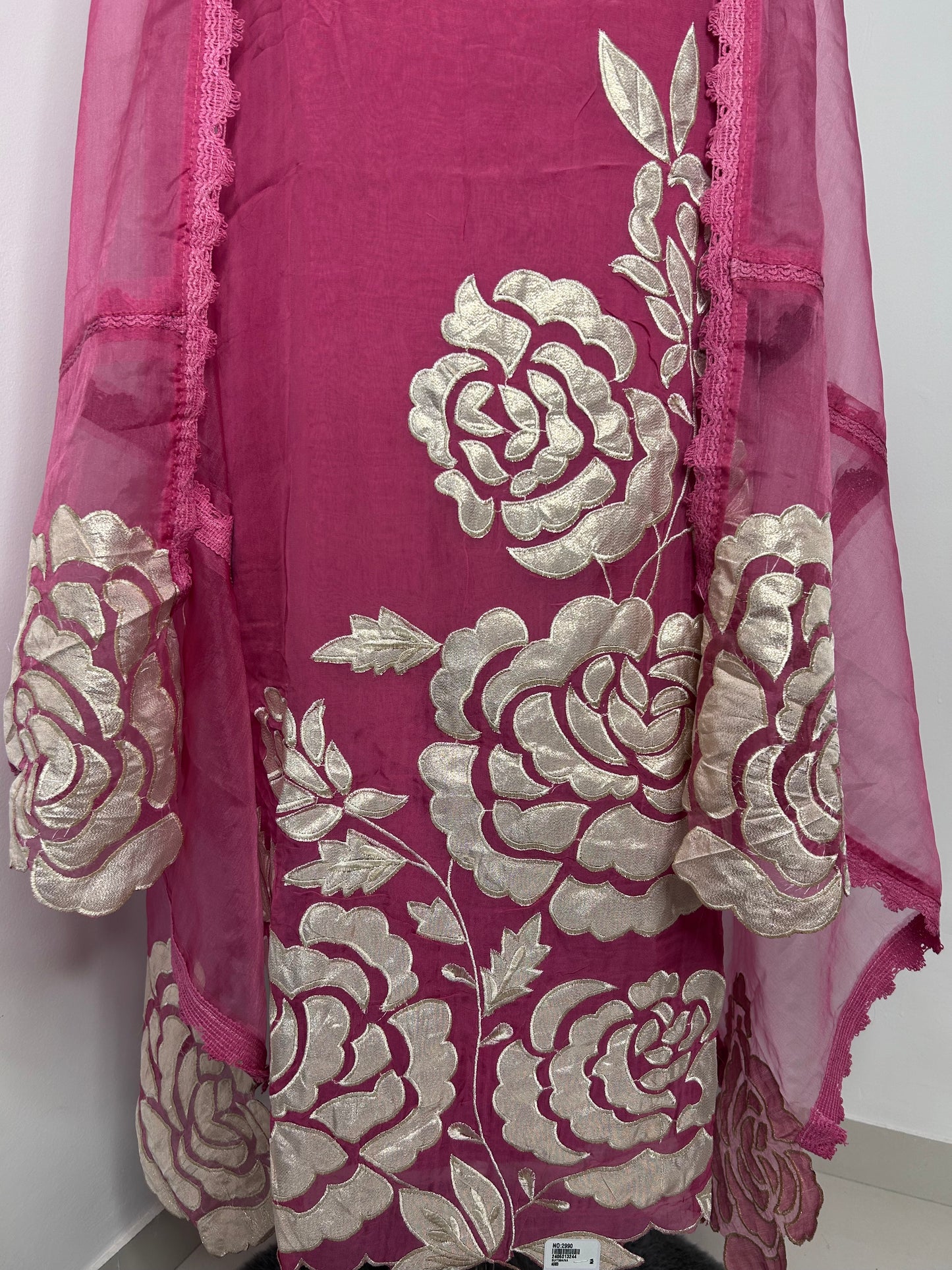 Elegant Pink Organza Unstitched Suit with Floral Patchwork