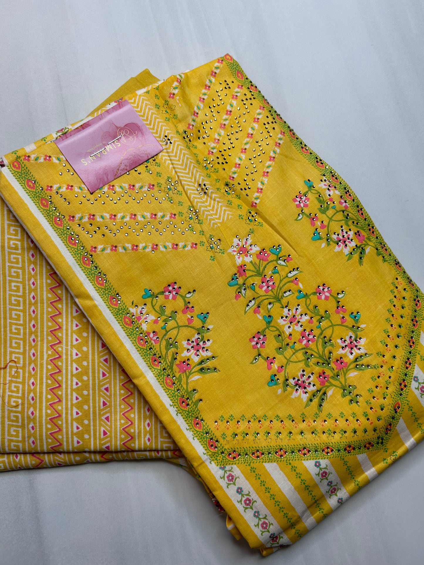 Unstitched Printed Cotton Kurta Set with Dupatta - Yellow