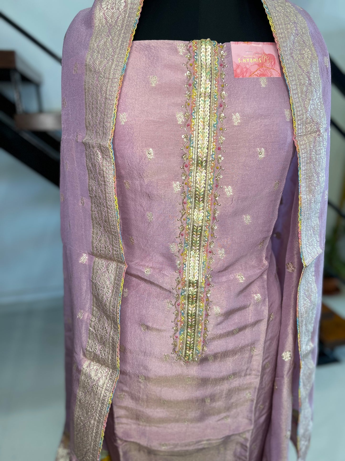 Graceful Chanderi Suit with Elegant Neckline and Matching Dupatta