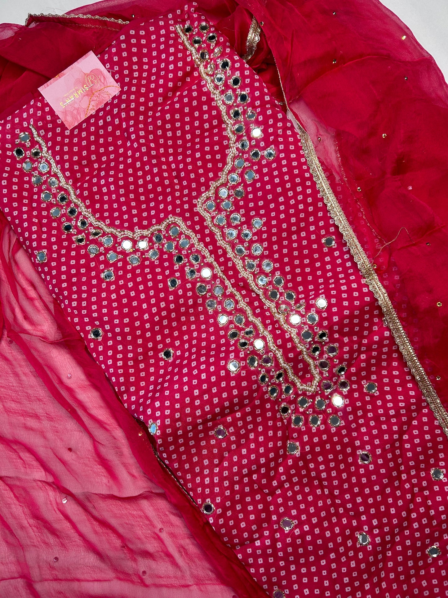 Gorgeous Unstitched Soft Organza Suit with Mirror Work, Santoon Bottom, and Swarovski Chiffon Dupatta