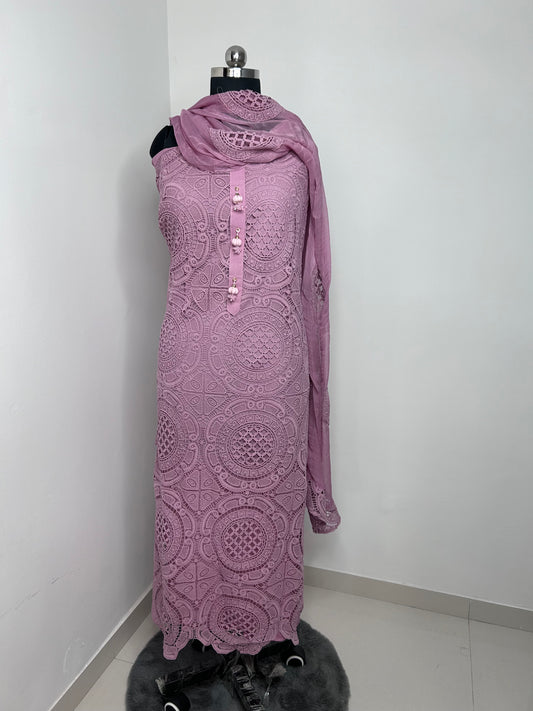 Elegant Onion Pink Crochet Unstitched Suit with Chiffon Dupatta and Santoon Bottom