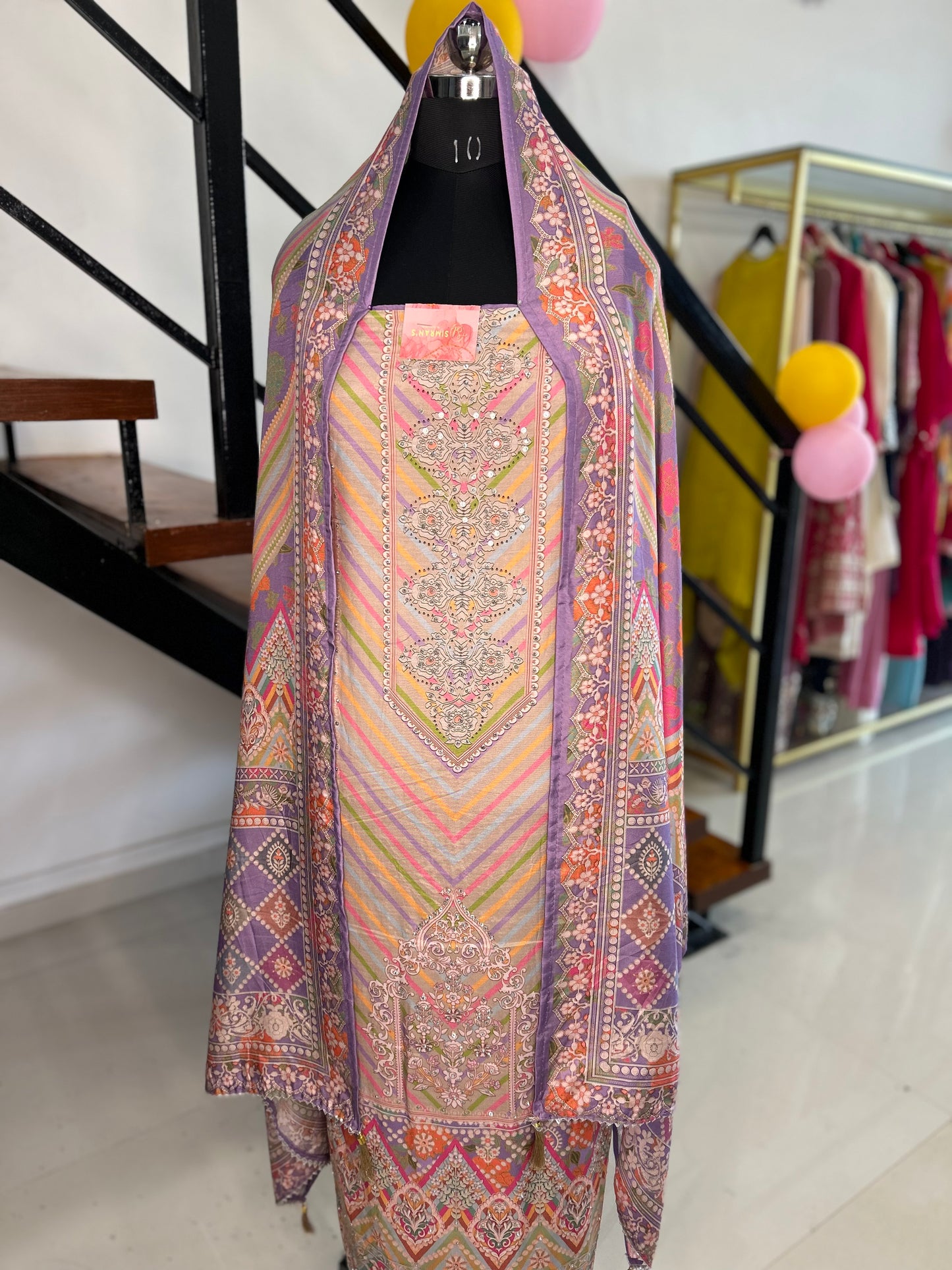 Stylish Printed Muslin Suit with Santoon Bottom and Muslin Dupatta