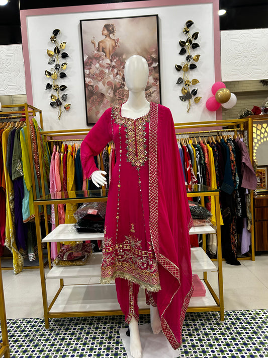 Pink short Anarkali with tulip pants and gota patti detailing