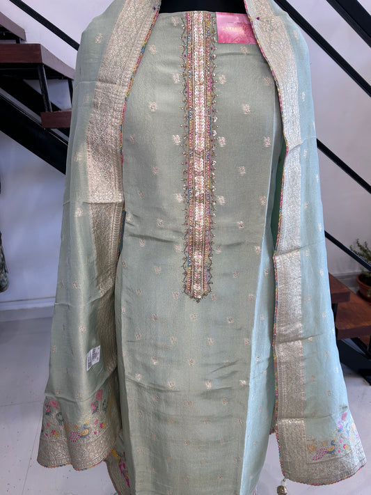 Graceful Chanderi Suit with Elegant Neckline and Matching Dupatta