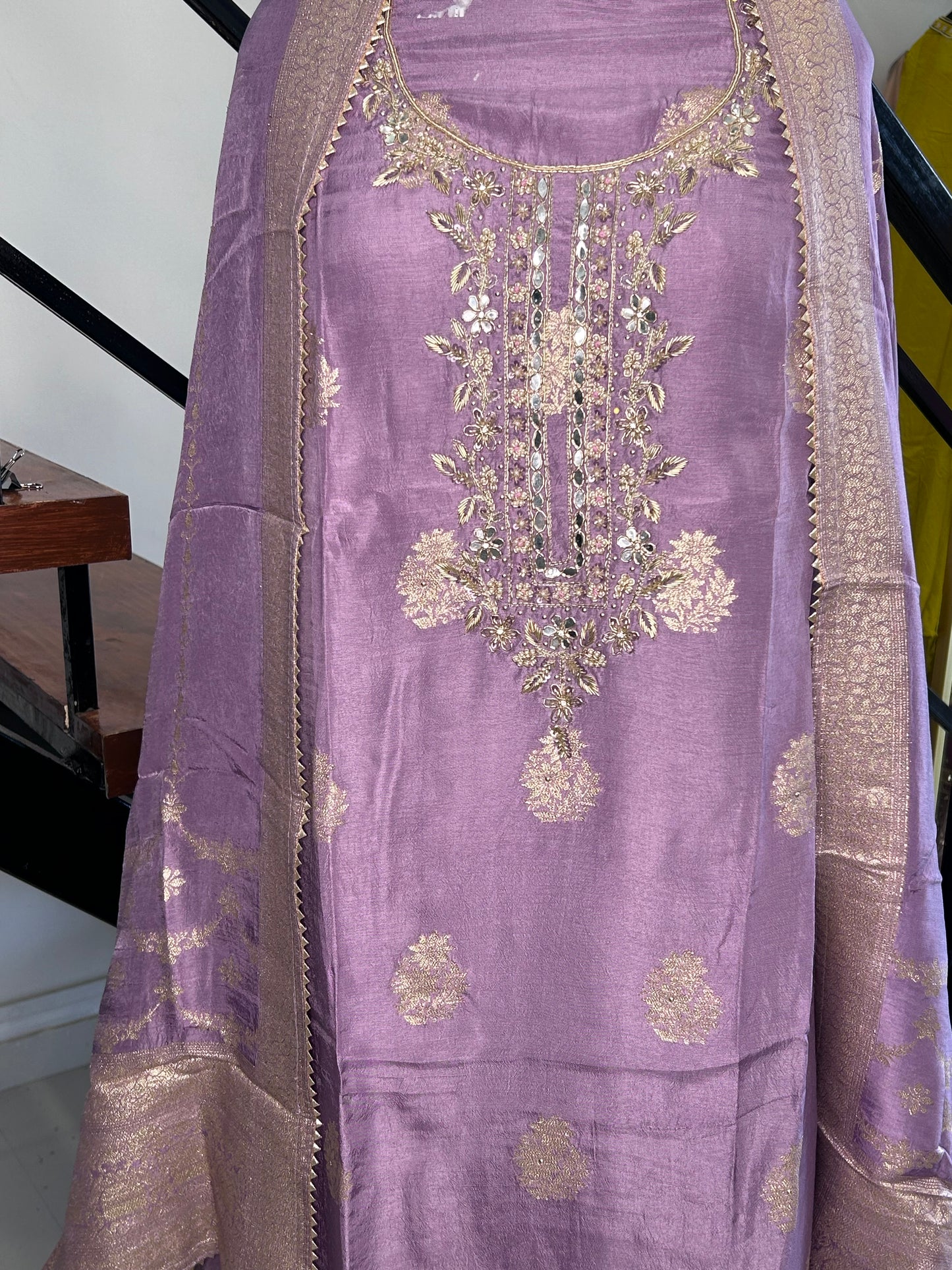 Regal Unstitched Purple Chanderi Suit with Banarsi Dupatta and Embellished Neckline