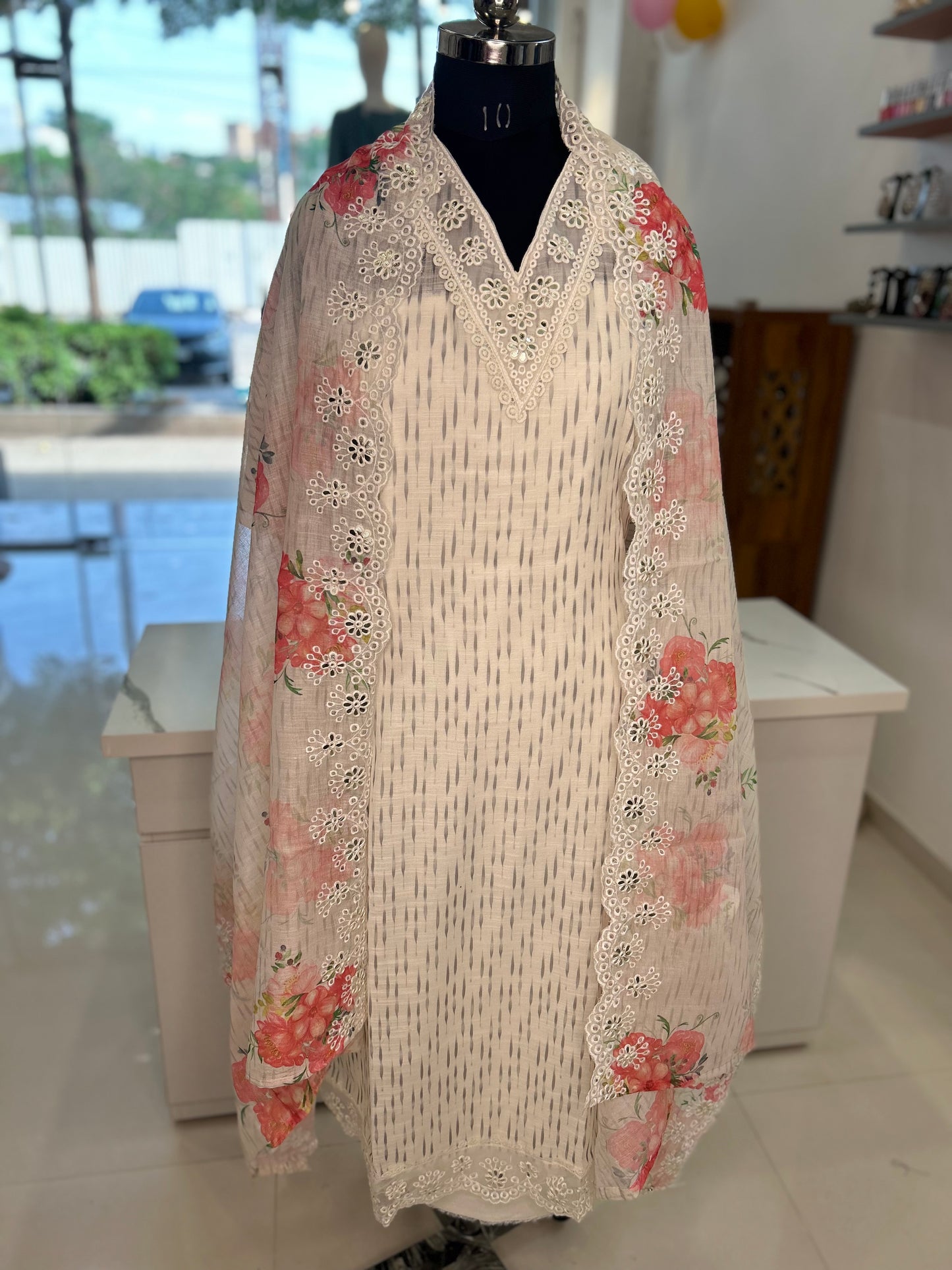 Elegant Unstitched Off-White and Peach Linen Suit - V-Neck Kurta, Santoon Bottom, and Printed Linen Dupatta