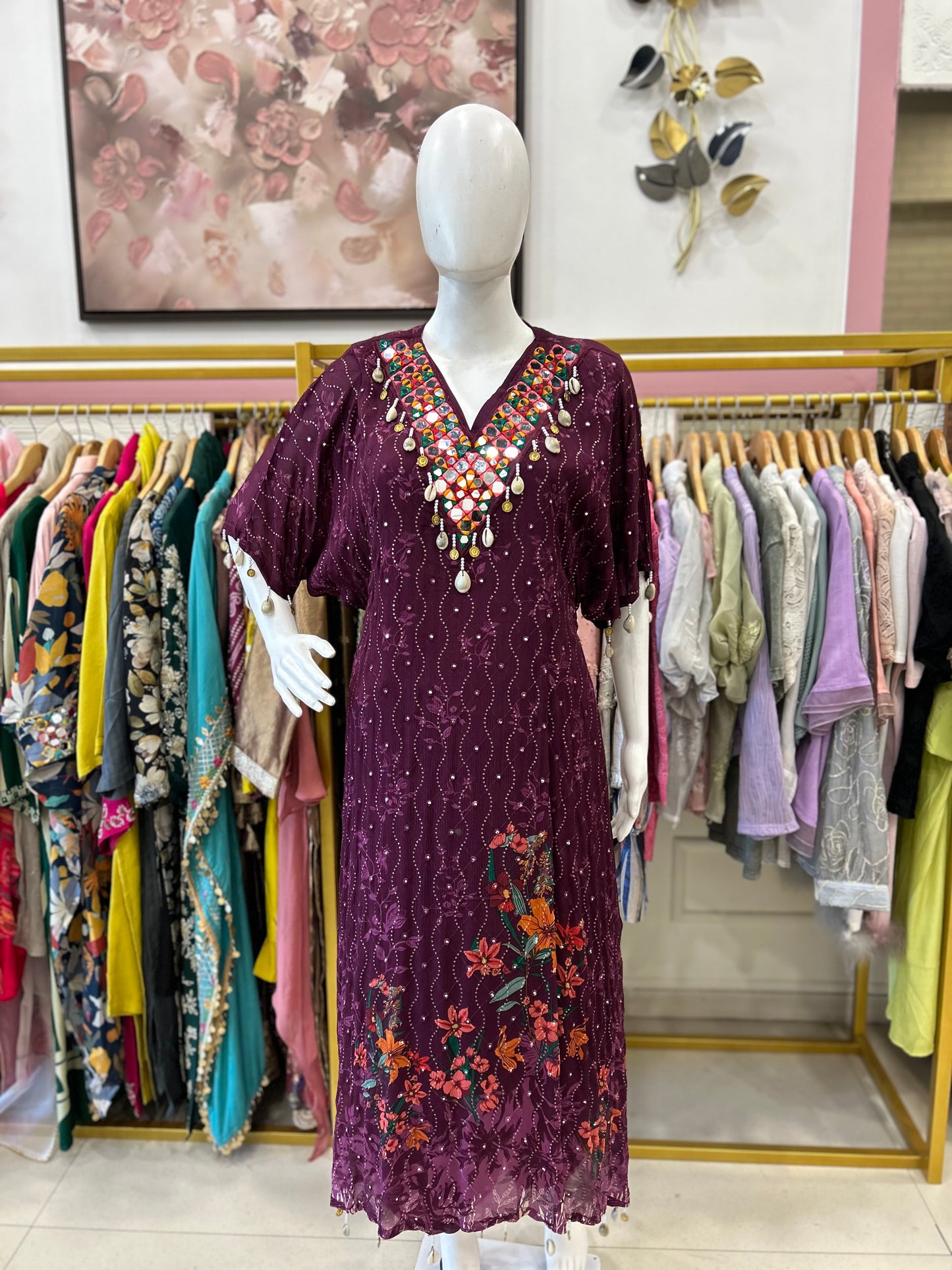 Purple Embroidered Mirror Work Kurta with Afgani Pants Set