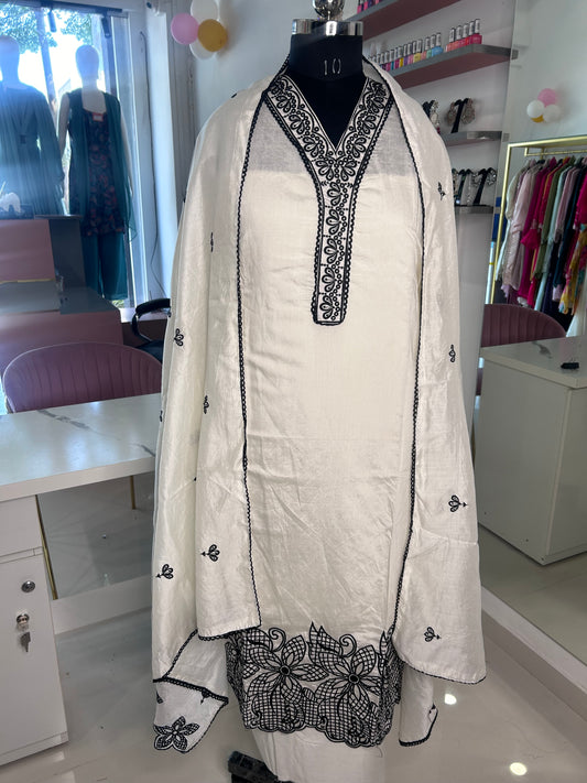 Chic Unstitched White Muslin Suit - Elegant Neckline, Santoon Bottom, and Muslin Dupatta