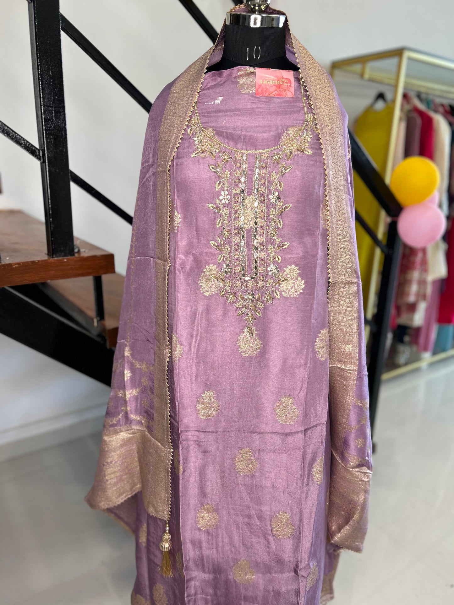 Regal Unstitched Purple Chanderi Suit with Banarsi Dupatta and Embellished Neckline