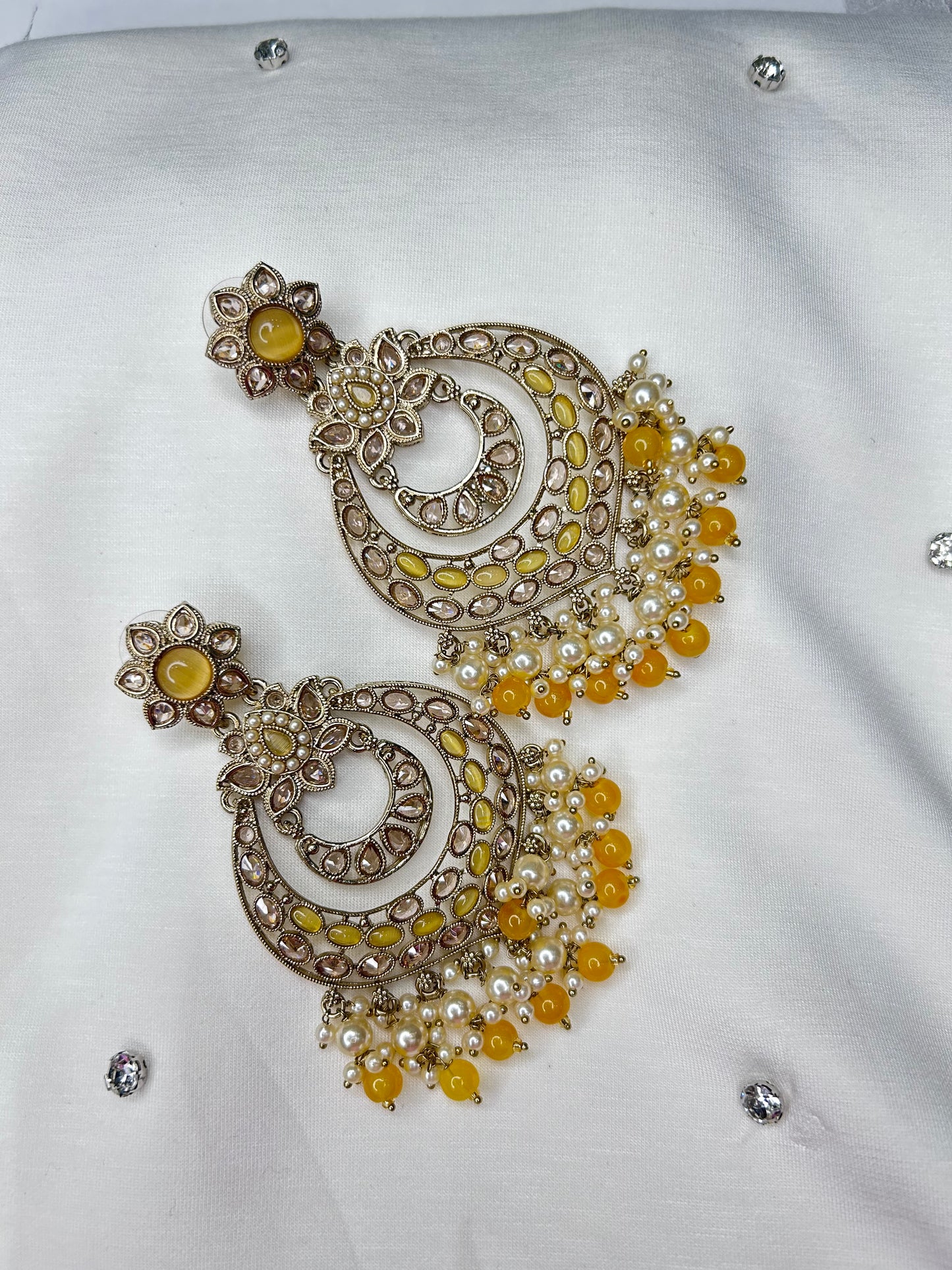 Traditional Yellow and Pearl Chandelier Earrings with Floral Accents