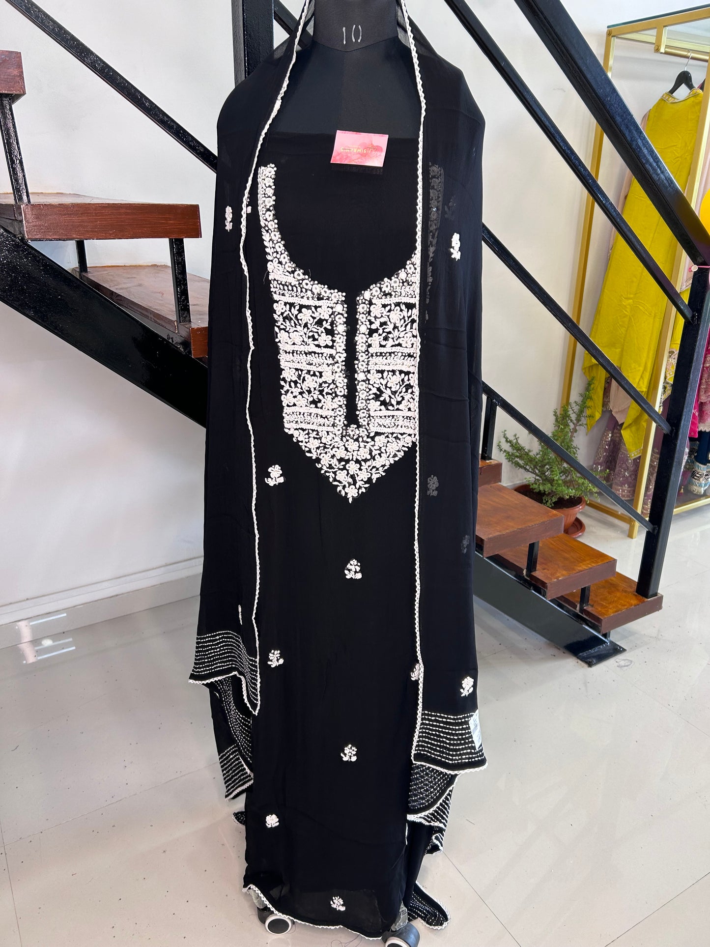 Elegant Black Chiffon Suit with Thread Work, Santoon Bottom, and Chiffon Dupatta