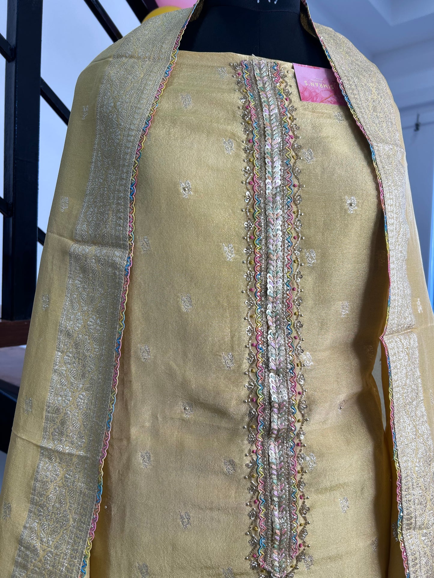 Graceful Chanderi Suit with Elegant Neckline and Matching Dupatta