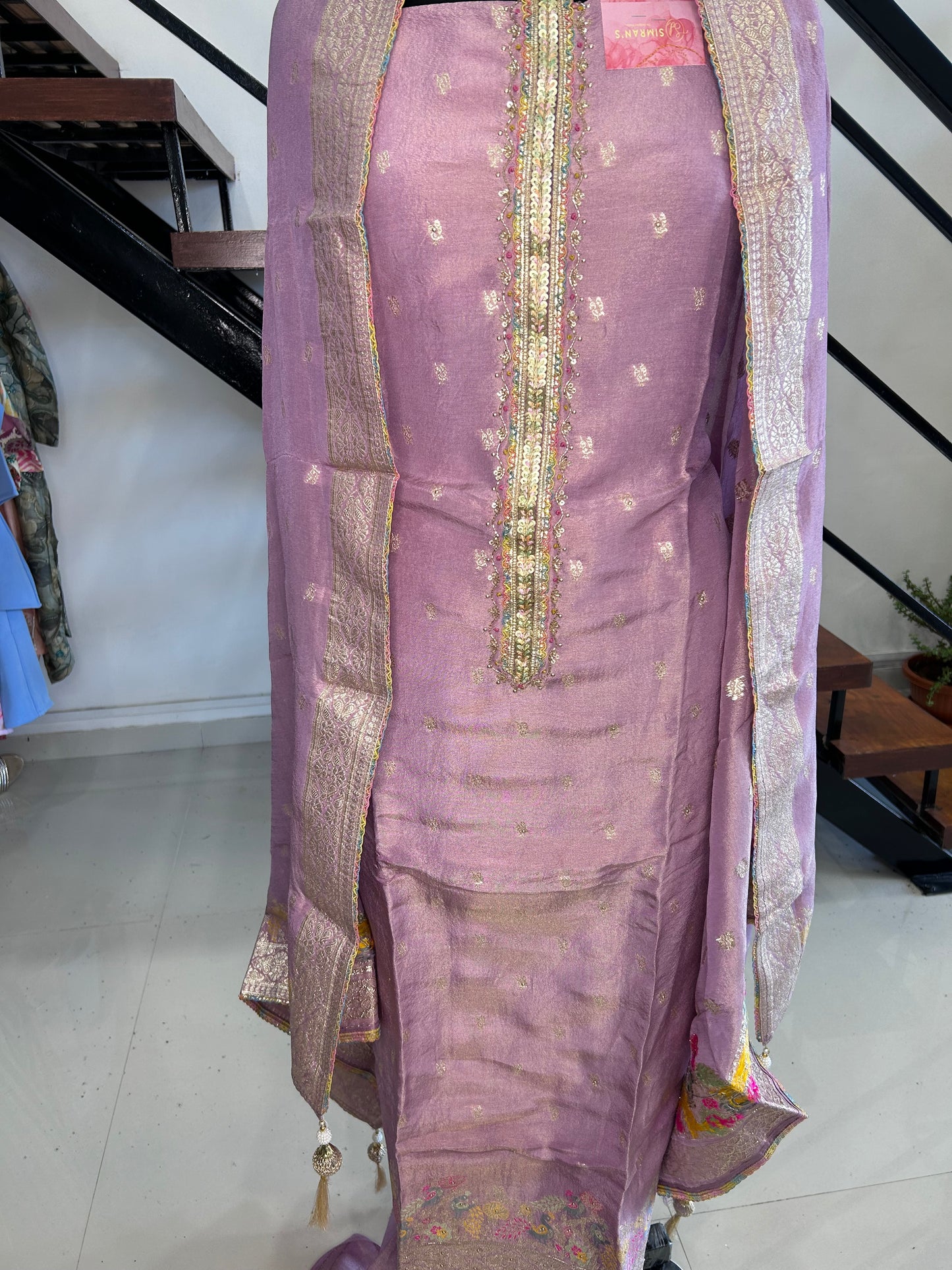 Graceful Chanderi Suit with Elegant Neckline and Matching Dupatta