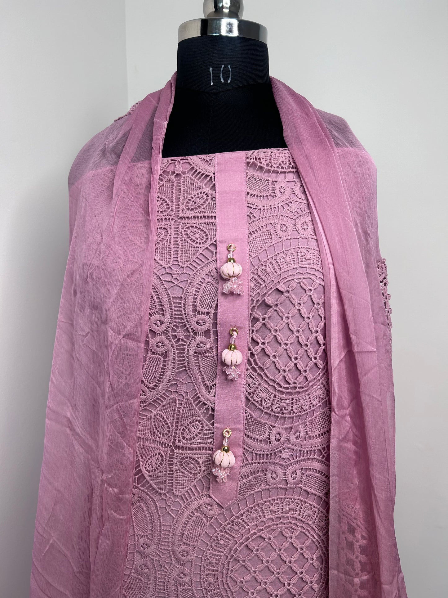 Elegant Onion Pink Crochet Unstitched Suit with Chiffon Dupatta and Santoon Bottom