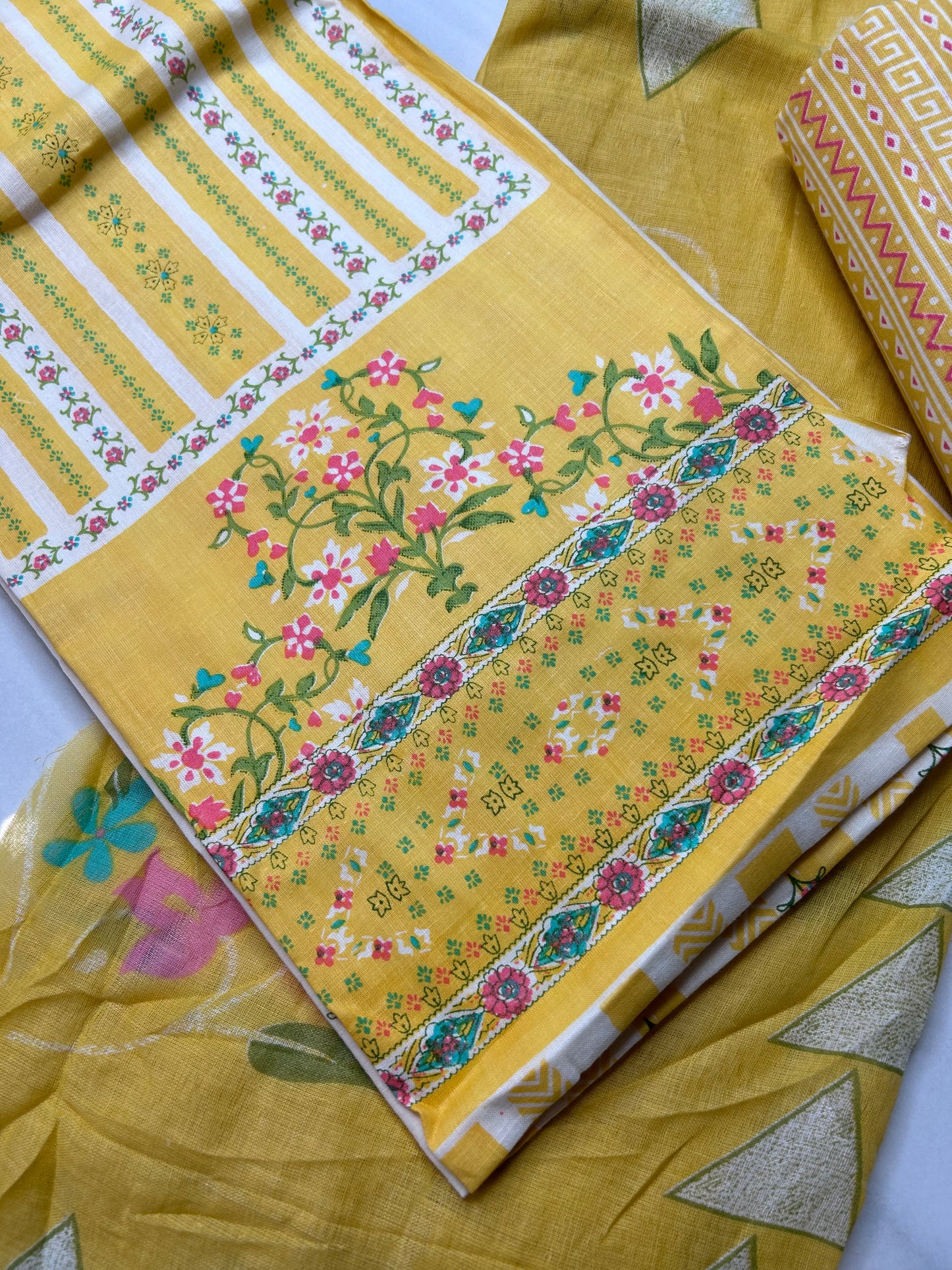 Unstitched Printed Cotton Kurta Set with Dupatta - Yellow