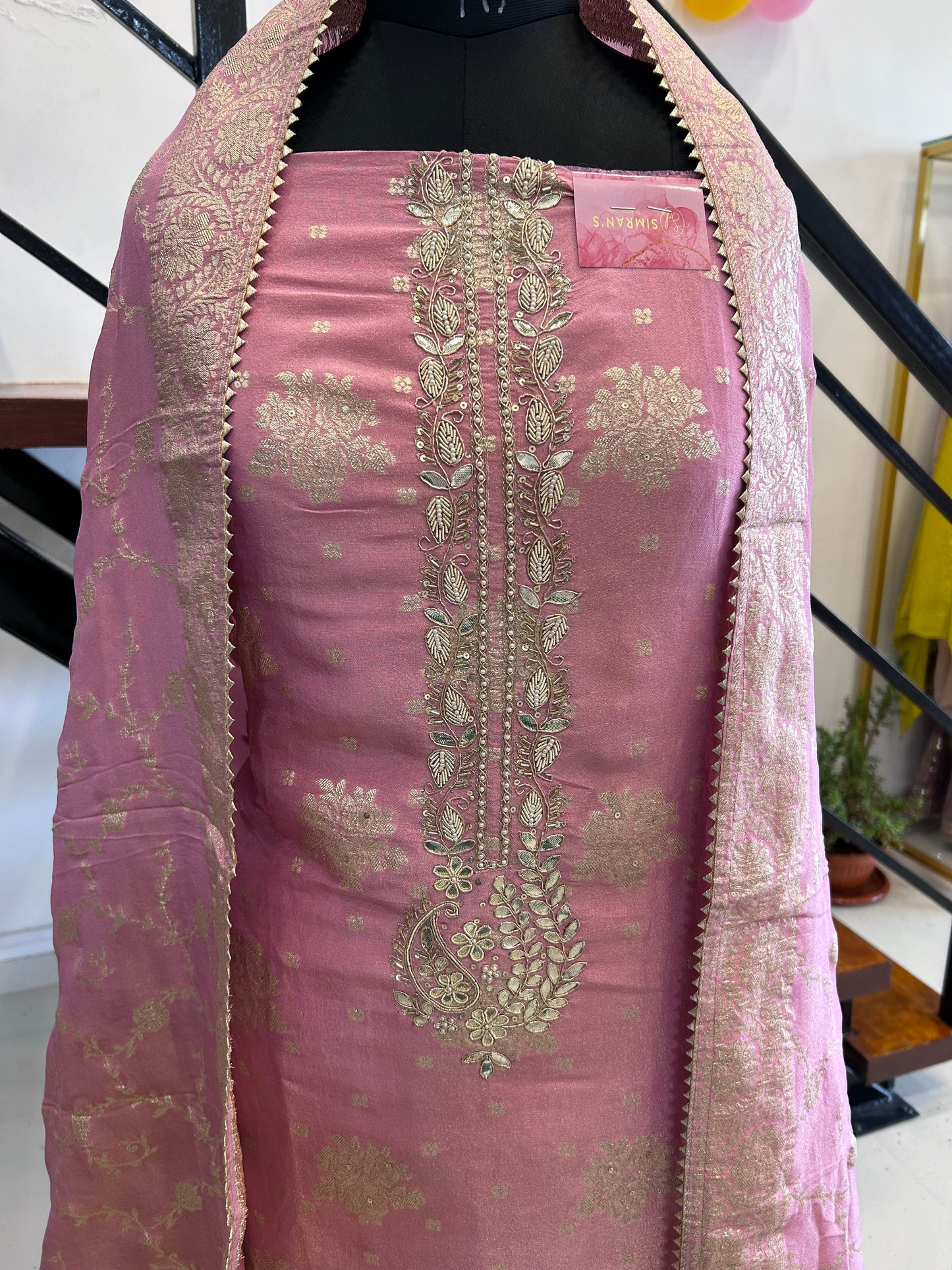 Elegant Chanderi Suit with Beautiful Neckline and Banarasi Dupatta