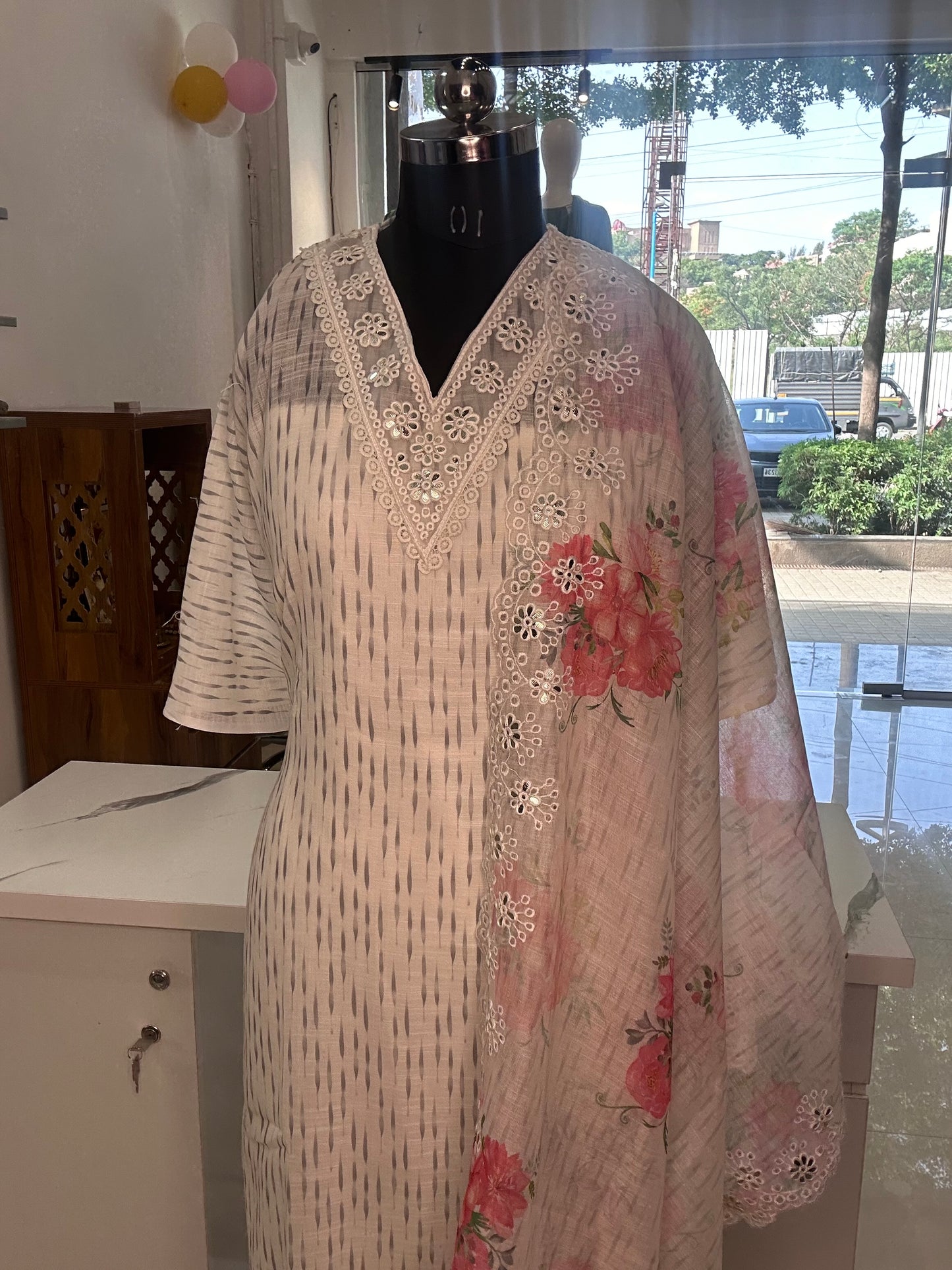 Elegant Unstitched Off-White and Peach Linen Suit - V-Neck Kurta, Santoon Bottom, and Printed Linen Dupatta