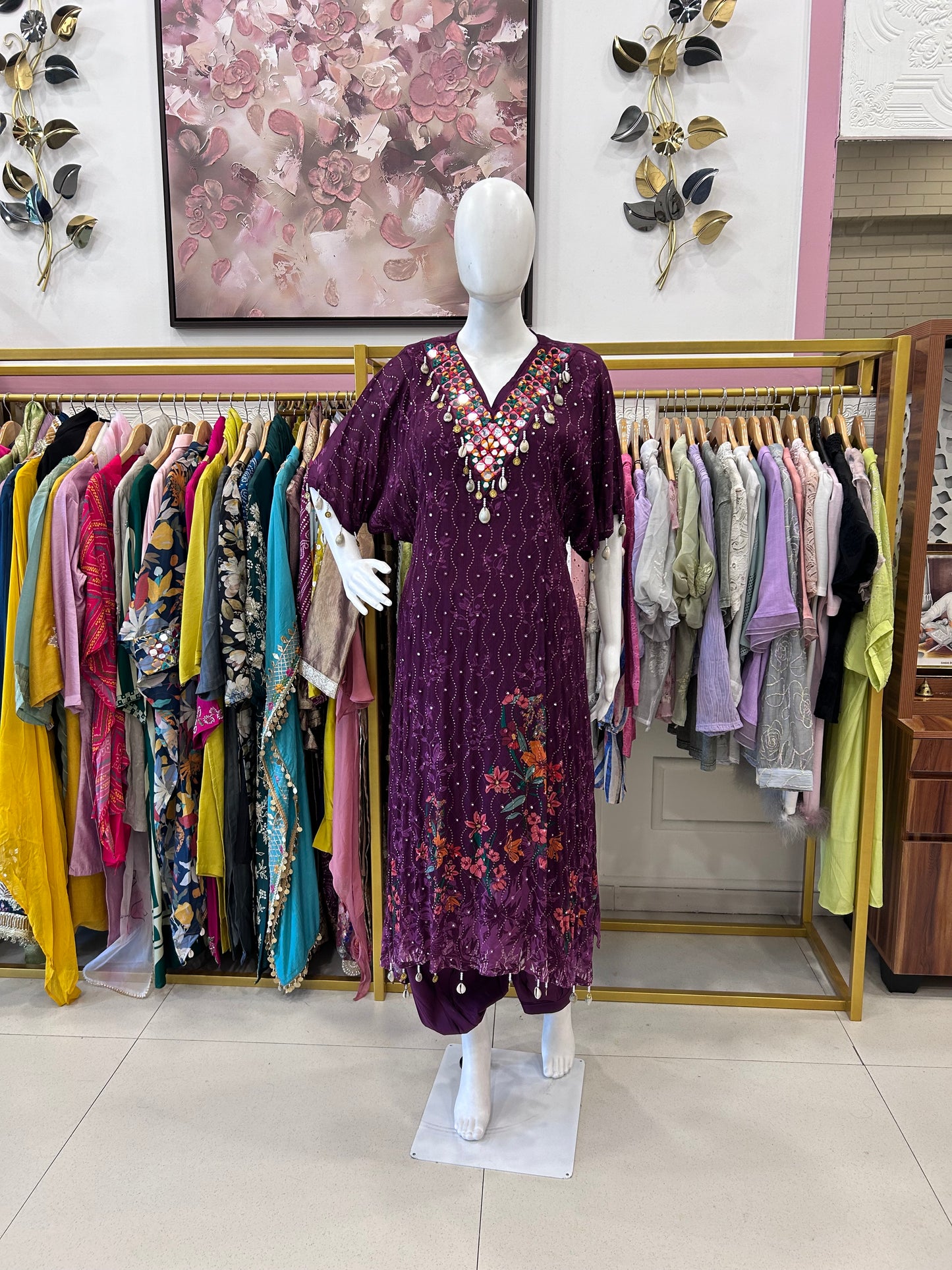 Purple Embroidered Mirror Work Kurta with Afgani Pants Set