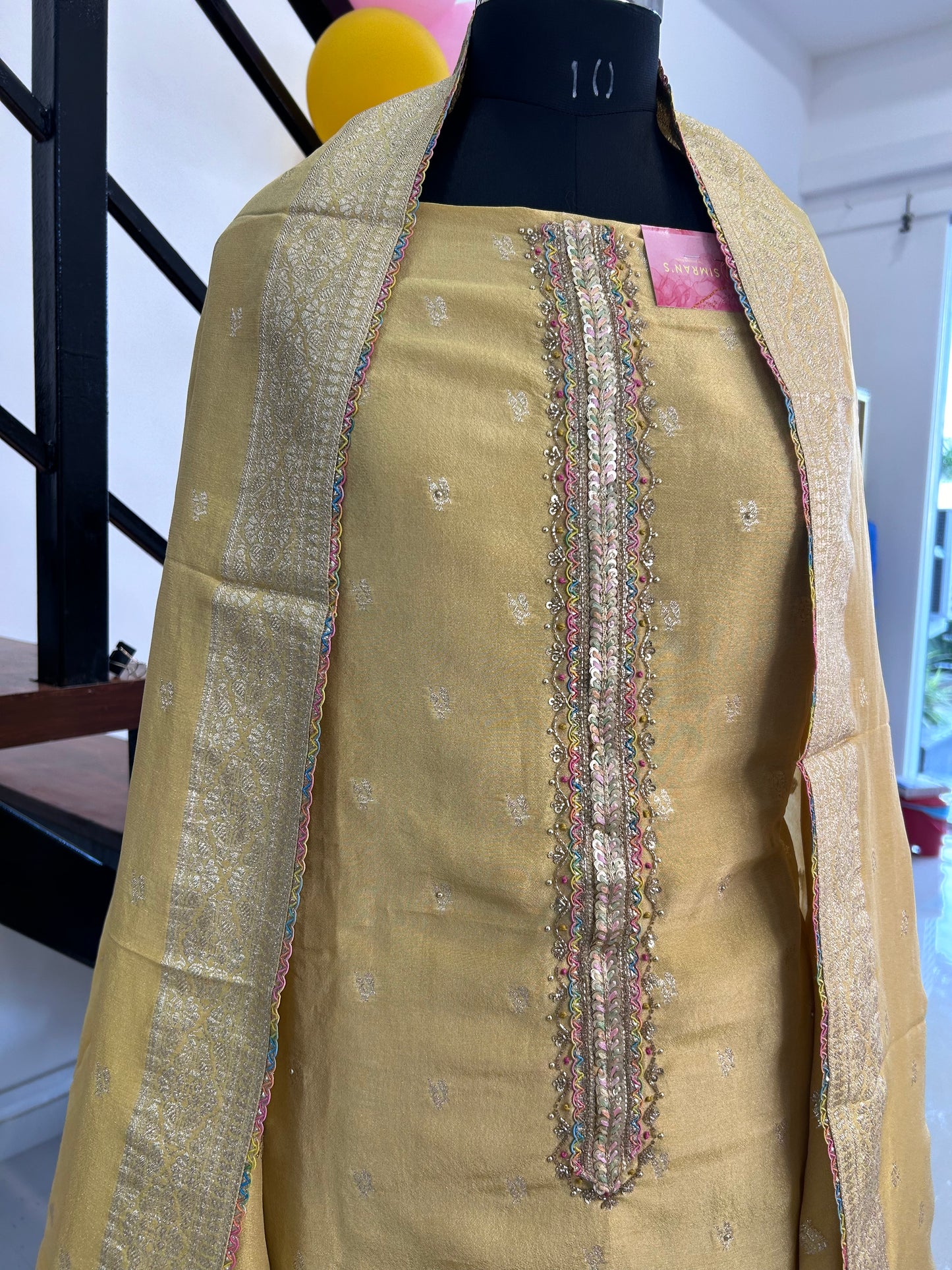 Graceful Chanderi Suit with Elegant Neckline and Matching Dupatta