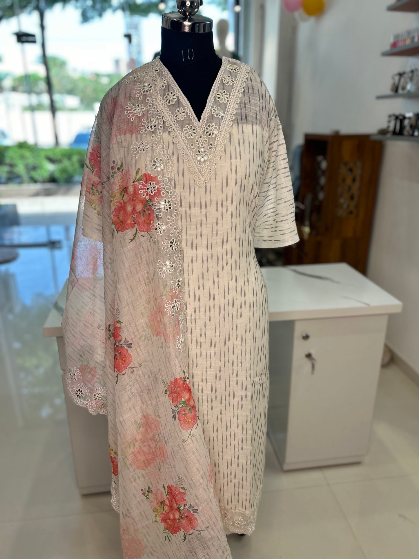 Elegant Unstitched Off-White and Peach Linen Suit - V-Neck Kurta, Santoon Bottom, and Printed Linen Dupatta