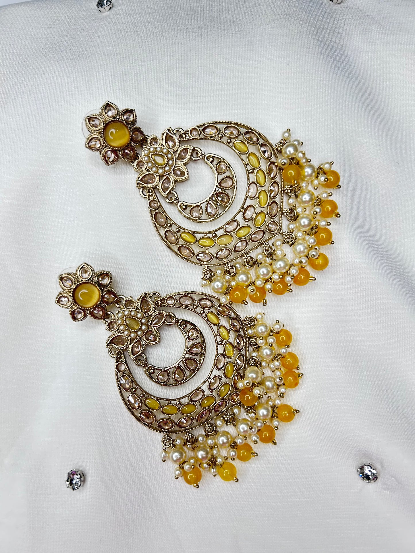 Traditional Yellow and Pearl Chandelier Earrings with Floral Accents