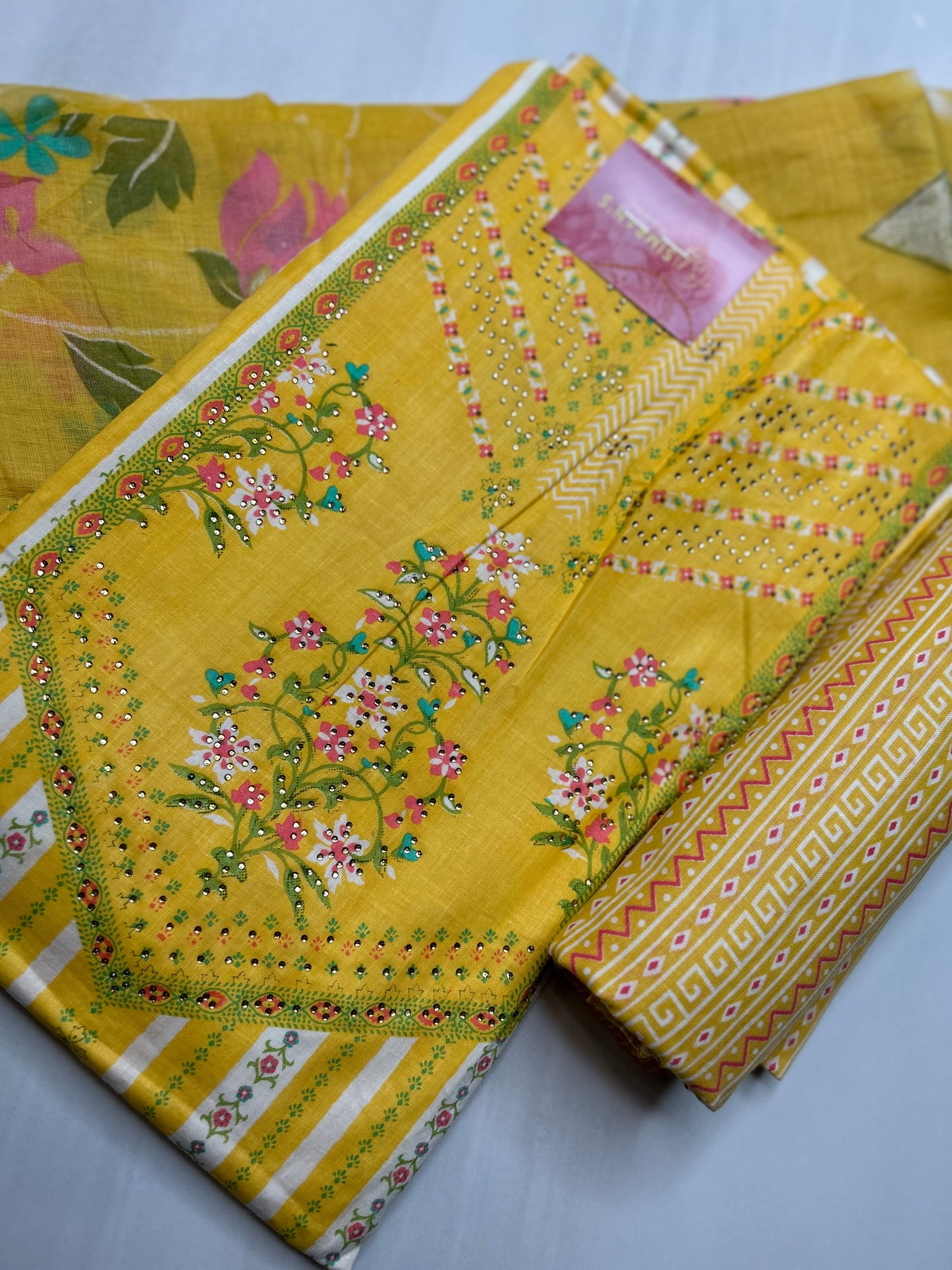 Unstitched Printed Cotton Kurta Set with Dupatta - Yellow