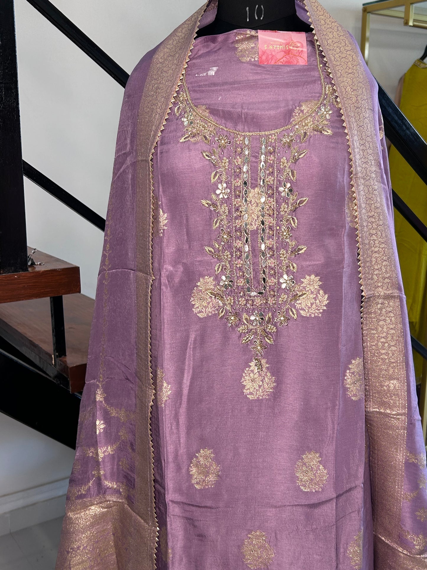 Regal Unstitched Purple Chanderi Suit with Banarsi Dupatta and Embellished Neckline